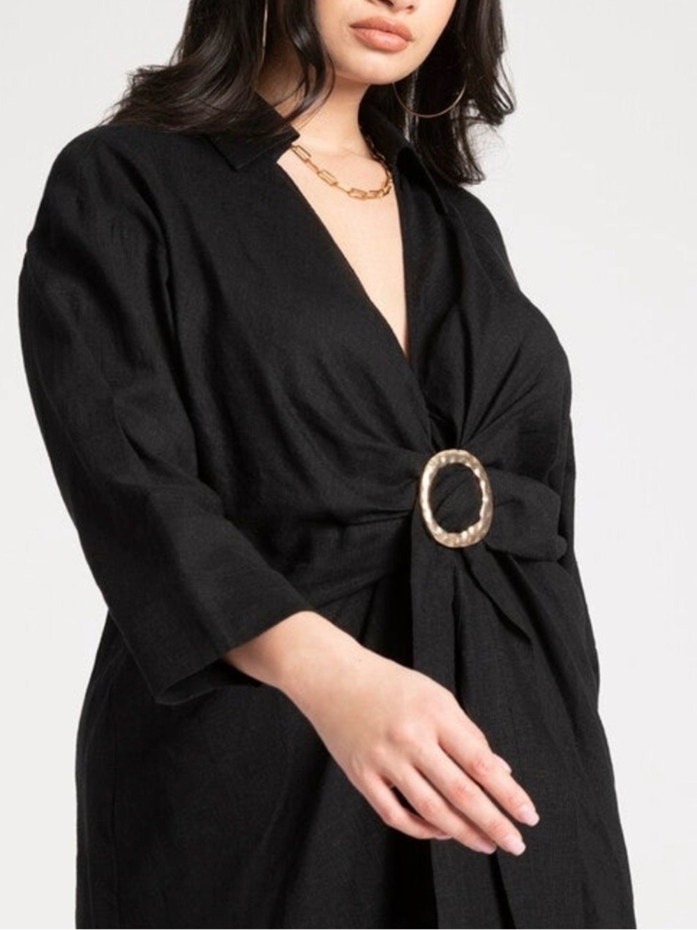 Eloquii Black Belted Linen Swim Coverup with Gold Ring Detail Size 18/20 - Picture 3 of 7